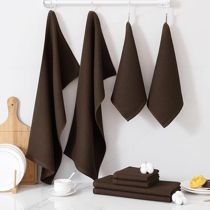 Homaxy 100% Cotton Kitchen Towels and Dishcloths Set, 12 x 12 Inches and 13 x 28 Inches, Set of 16 Bulk Kitchen Towels Set, Ultra Soft Absorbent Dish Cloths for Washing Dishes, Dark Brown