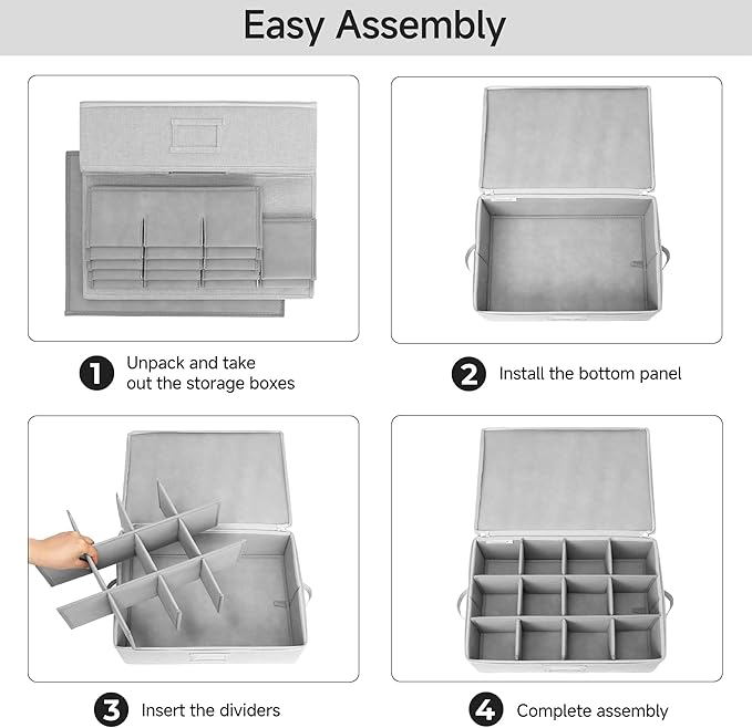 StorageWorks China Storage Container, Stackable Mug Storage Box with Dividers, Stemware Storage Cases, Hard Shell China Cup Organizer, Holds 12 Tea Cups and Coffee Mug, 1 Pack, Light Gray
