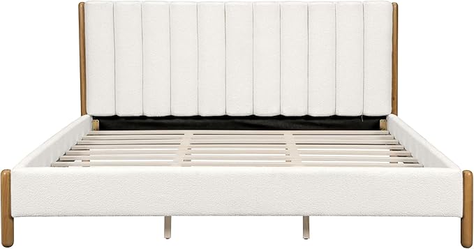 Queen Size Bed Frame, Upholstered Cloud Boucle Platform Beds Frames with Headboard, Anti-Collision Soft Rounded Corners Footboard, No Box Spring Required, Easy Assembly (39.8" White, Queen)