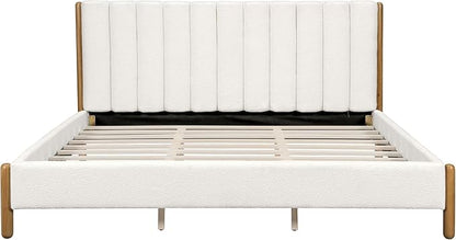 Queen Size Bed Frame, Upholstered Cloud Boucle Platform Beds Frames with Headboard, Anti-Collision Soft Rounded Corners Footboard, No Box Spring Required, Easy Assembly (39.8" White, Queen)