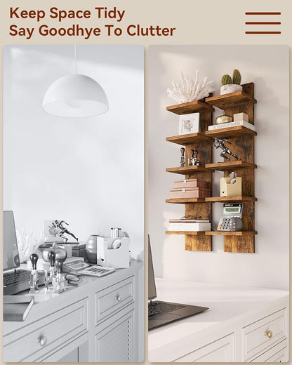 IBUYKE 5 Tier Wall Shelf Unit,Brown Vertical Shelf,Decorative Wall Mount Vertical Shelving for Home, Bedroom,Living Room,Office Decor WBC009H-2