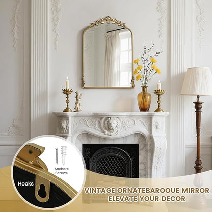 WallBeyond Gold Antique Mirror for Vanity 22x30 Inch, Gold Vintage Wall Mirror with Ornate Frame, Arched Vintage Wall for Bathroom, Living Room, Fireplace