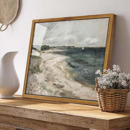 KBKBART Vintage Wall Art, Retro Coastal Seaside Beach House Framed Canvas Art Prints Painting Farmhouse Decor, Rustic Impressionism Scenic Landscape Wall Decor for Bathroom, Bedroom(9"x11")