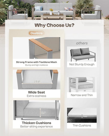 Outdoor Patio Furniture Set, 4 Piece Aluminum Patio Furniture Set with Wide Outdoor Seating and Thick Cushions, Modern Outdoor Patio Conversation Sets for Deck, Porch (Teak-Gray)