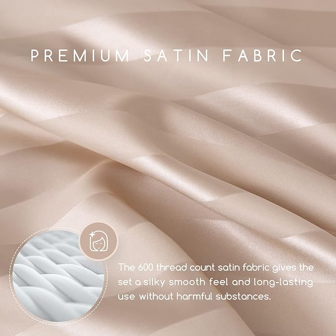 MR&HM Satin Bed Sheets, King Size Sheets Set, 4 Pcs Silky Bedding Set with 15 Inches Deep Pocket for Mattress (King, Champagne Striped)