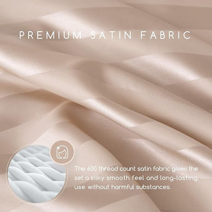 MR&HM Satin Bed Sheets, King Size Sheets Set, 4 Pcs Silky Bedding Set with 15 Inches Deep Pocket for Mattress (King, Champagne Striped)