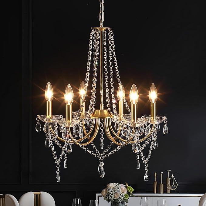 Crystal Gold Chandeliers for Dining Room, Modern Crystal Brass Chandelier Light Fixture, Vintage Pendant Light for Living Room Bedroom Bathroom Entryway Hallway E12 Bulbs D19 in x H24 in