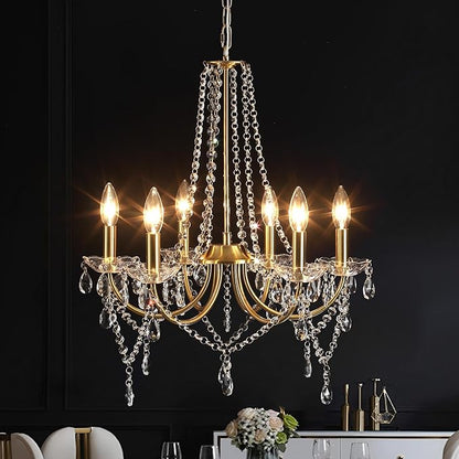 Crystal Gold Chandeliers for Dining Room, Modern Crystal Brass Chandelier Light Fixture, Vintage Pendant Light for Living Room Bedroom Bathroom Entryway Hallway E12 Bulbs D19 in x H24 in