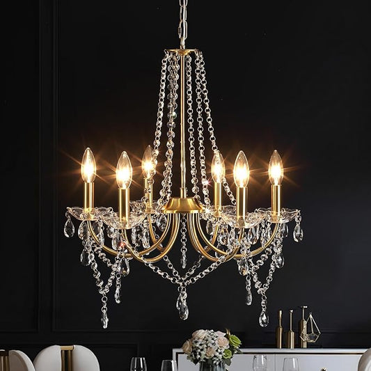 Crystal Gold Chandeliers for Dining Room, Modern Crystal Brass Chandelier Light Fixture, Vintage Pendant Light for Living Room Bedroom Bathroom Entryway Hallway E12 Bulbs D19 in x H24 in