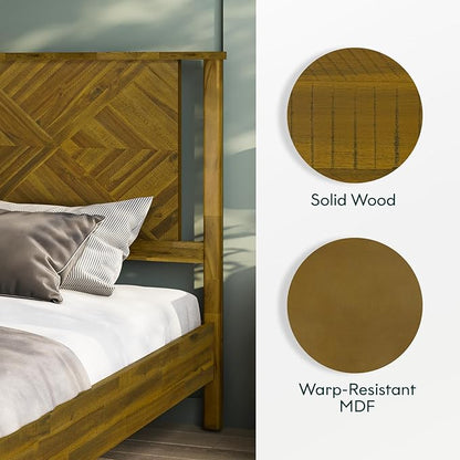 Bme Ethan Solid Wood Queen Bed Frame with Diamond Headboard - Rustic & Mid-century Modern - Acacia Wood Platform Bed - Compatible with All Mattresses - No Box Spring Needed - Rustic Brown