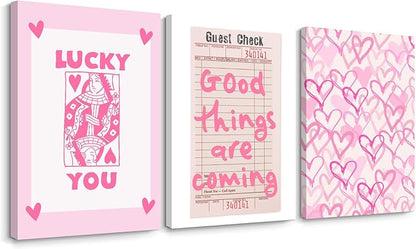 Lucky You Pink Wall Art Guest Check Preppy Wall Decor Trendy Aesthetic Canvas Wall Art Funky Retro Poster Hearts Cute Picture Prints Inspirational Artwork for Room Bedroom 12x16 Inch Framed Set of 3