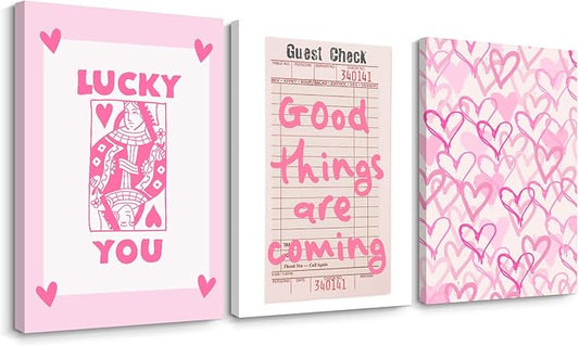 Lucky You Pink Wall Art Guest Check Preppy Wall Decor Trendy Aesthetic Canvas Wall Art Funky Retro Poster Hearts Cute Picture Prints Inspirational Artwork for Room Bedroom 16x24 Inch Framed Set of 3
