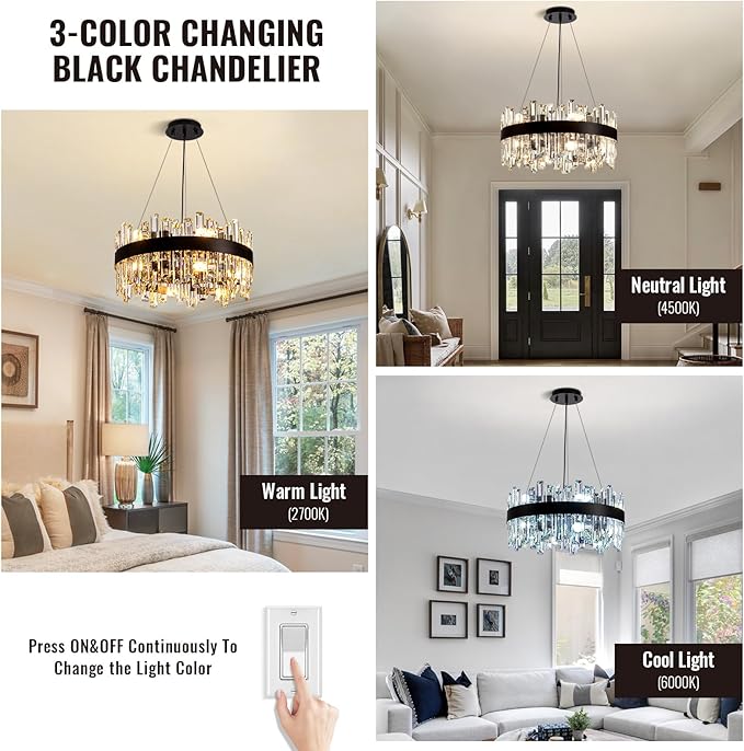 Siljoy Black Crystal Chandelier for Dining Room, Modern 2-Tiers K9 Crystal Raindrop Chandelier 12 Lights Dimmable Farmhouse Pendant Ceiling Light for Living Room Kitchen Island Entry Foyer D19.7''