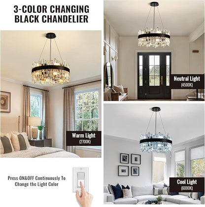 Siljoy Black Crystal Chandelier for Dining Room, Modern 2-Tiers K9 Crystal Raindrop Chandelier 12 Lights Dimmable Farmhouse Pendant Ceiling Light for Living Room Kitchen Island Entry Foyer D19.7''