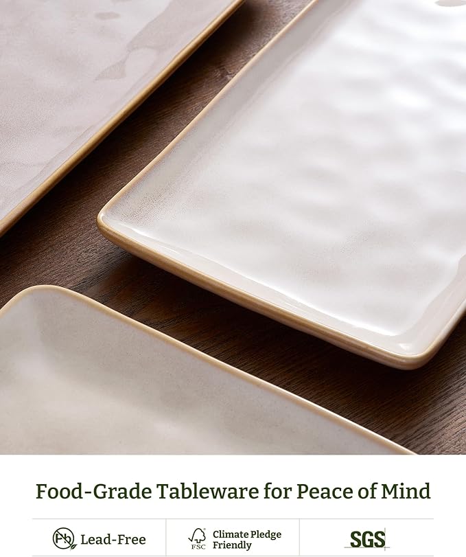 famiware Serving Platter, Rectangular 15.67/14.1/12.6inch Serving Dishes for Entertaining, Microwave Dishwasher Safe, Stoneware for Party, Turkey, Cheese, Ocean Series, Cappuccino White