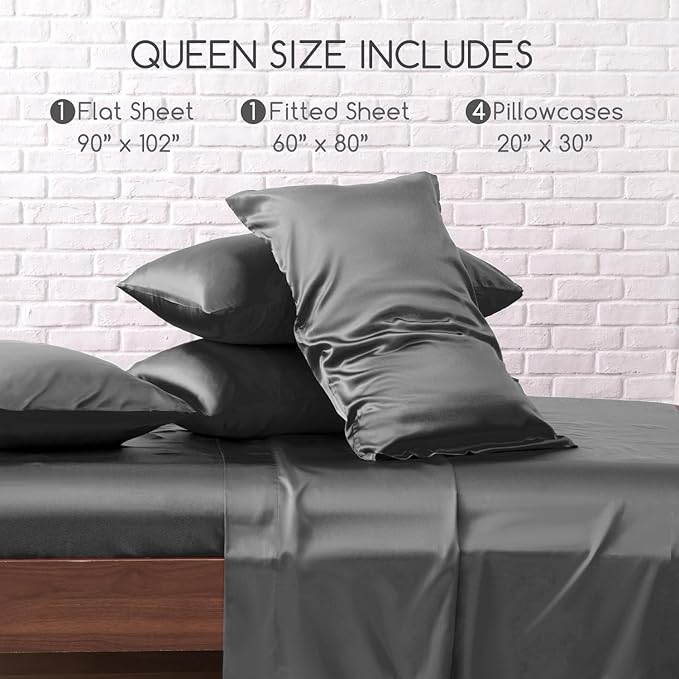 MR&HM Satin Bed Sheets, Queen Size Sheets Set, 6 Pcs Silky Bedding Set with 15 Inches Deep Pocket for Mattress (Queen, Dark Grey)