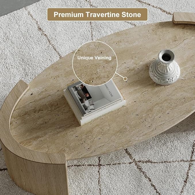 homary 43" Japandi Oval Travertine Stone Top Coffee Table – Double Pedestal Oval Coffee Table with Natural Beige Stone Surface and Engineered Wood Base for Living Room and Lounge
