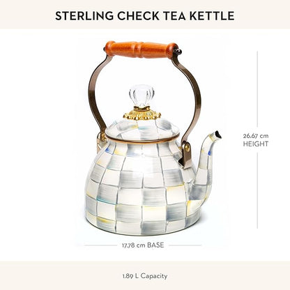 MACKENZIE-CHILDS Enamel Tea Kettle, Stylish Tea Kettle for Stovetop, Grey-and-White Sterling Check, 2 Quarts