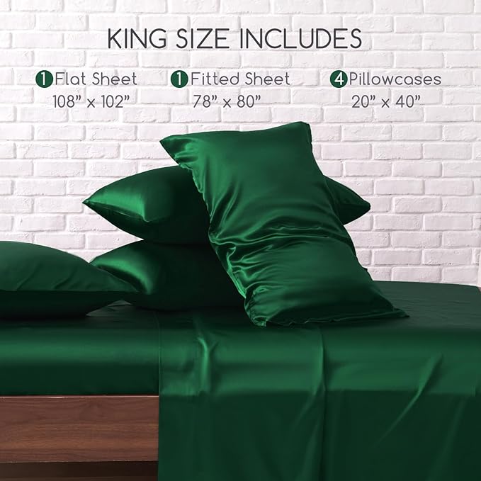 MR&HM Satin Bed Sheets, King Size Sheets Set, 6 Pcs Silky Bedding Set with 15 Inches Deep Pocket for Mattress (King, Dark Green)