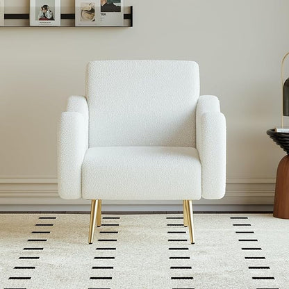 homary White Boucle Accent Chair with Gold Metal Legs, Modern Plush Armchair for Living Room, Reading Chair with High-Density Foam Cushion