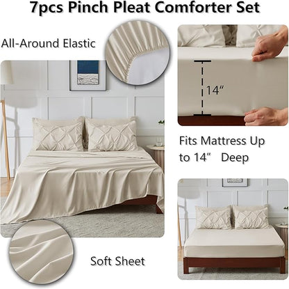 CozyLux Full Size Comforter Sets Oatmeal, 7 Pieces Pintuck Bed in A Bag Oatmeal Comforter Full Size, Pinch Pleat Bedding Sets with All Season Comforter, Sheets, Pillowcases & Shams