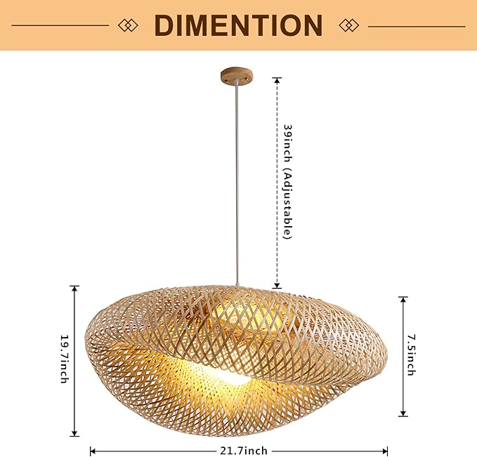 Woven Bamboo Pendant Lighting Fixtures, Bird Nest Lamp Shade Ceiling Hanging Light with Adjustable Cord for Living Room Dining Room Bar Café, Farmhouse Vintage Rustic Décor 22'', No Bulb