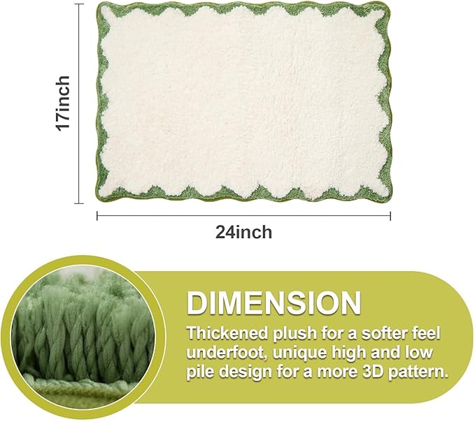 ORTIGIA Small Cute Scalloped Bath Mat, White and Green Plush Microfiber Scallop Bathroom Rugs Non Slip Washable Quick Dry Absorbent, Bathmat for Shower Stall Vanities Kitchen Floor Entrance, 17x24