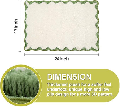 ORTIGIA Small Cute Scalloped Bath Mat, White and Green Plush Microfiber Scallop Bathroom Rugs Non Slip Washable Quick Dry Absorbent, Bathmat for Shower Stall Vanities Kitchen Floor Entrance, 17x24