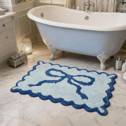 ORTIGIA Cute Blue Coquette Bow Bath Mat, Fun Plush Microfiber Scallop Bathroom Rugs Non Slip Washable Quick Dry Absorbent, Bath Rug for Shower Stall Vanities Kitchen Floor Entrance, 20x32