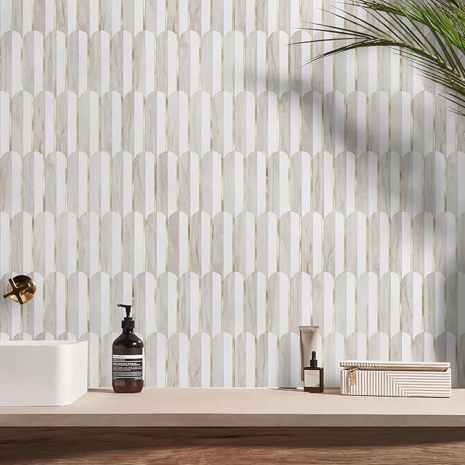 Vamos Tile Peel and Stick Backsplash Seamless Tile for Kitchen and Bathroom,1-Sheet White and Glossy Wooden Marble PVC Mixed Light Gold Self Adhesive Fish Scale Metal Mosaic Tiles