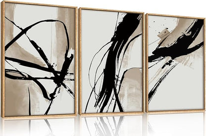 HOURIA Large Abstract Tan and Black Brush Stroke Framed Canvas Wall Art Set,Textured Beige Circle Wall Decor,Minimalism Brown Ink Line Artwork,Modern Shape Art Print for Living Room,Bedroom- 24"x36"x3