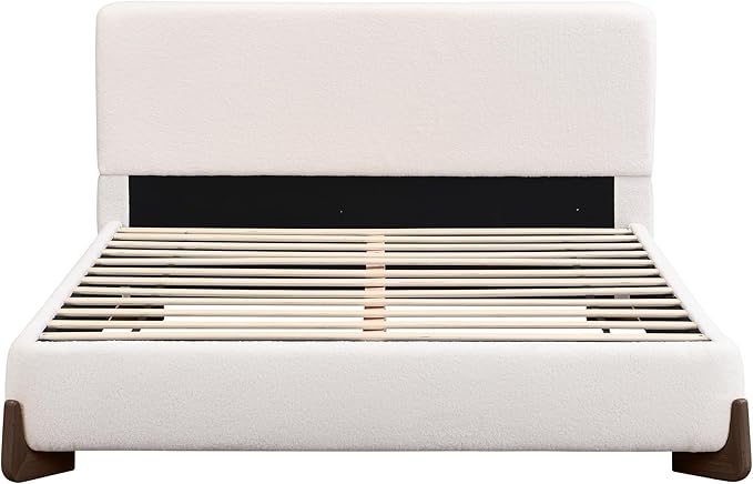 King Size Bed Frame, Upholstered Cloud Boucle Platform Beds Frames with Headboard, Anti-Collision Soft Rounded Corners Footboard, No Box Spring Required, Easy Assembly (38.2" White, King)