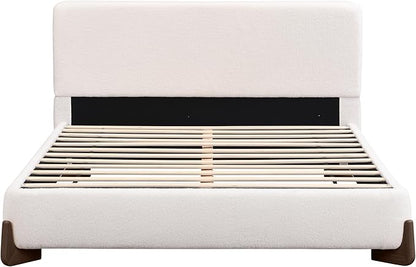 King Size Bed Frame, Upholstered Cloud Boucle Platform Beds Frames with Headboard, Anti-Collision Soft Rounded Corners Footboard, No Box Spring Required, Easy Assembly (38.2" White, King)