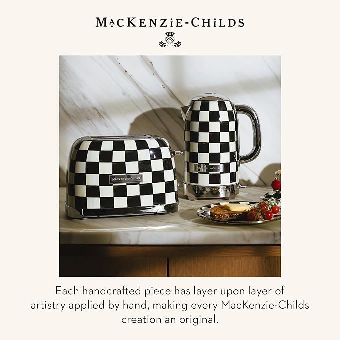 MACKENZIE-CHILDS Electric Kettle, Stainless-Steel Appliances Kettle, Black-and-White Courtly Check