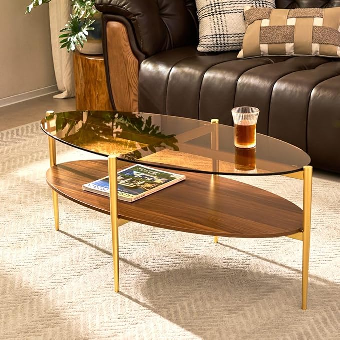 AGV LIGHTING Oval Coffee Table, Mid-Century Modern Coffee Table, Glass Coffee Table, Glod Finish Legs, Amber Brown Glass Top with Walnut MDF Shelf