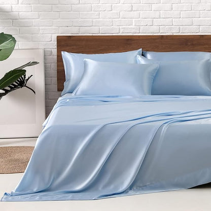 MR&HM Satin Bed Sheets, King Size Sheets Set, 6 Pcs Silky Bedding Set with 15 Inches Deep Pocket for Mattress (King, Light Blue)