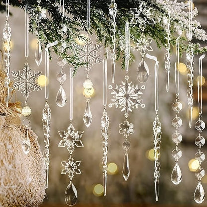 Christmas Tree Decoration Crystal Ornaments - 32pcs Acrylic Christmas Ornaments Snowflake Icicle Drop Crystal Hanging Ornaments for Xmas Tree Winter Holiday Frozen Party Decorations