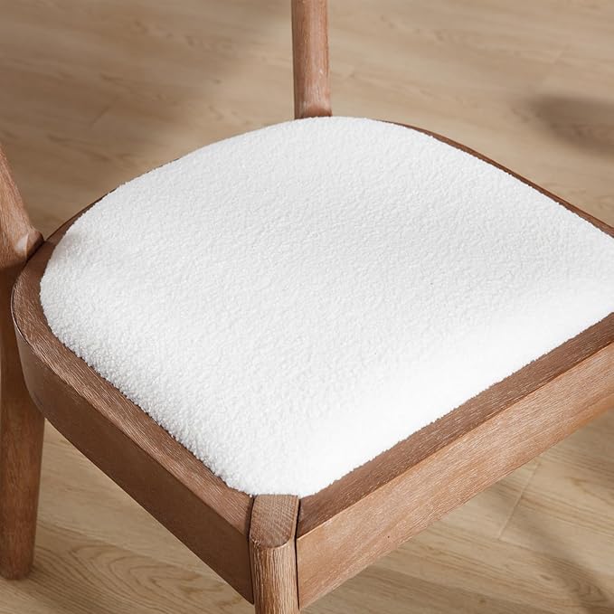 Wood Dining Chairs Set of 4, Mid Century Modern Living Room Chairs with Unique Curved Open Back Comfy Upholstered Side Chair for Kitchen/Restaurant/Reception, Sherpa White