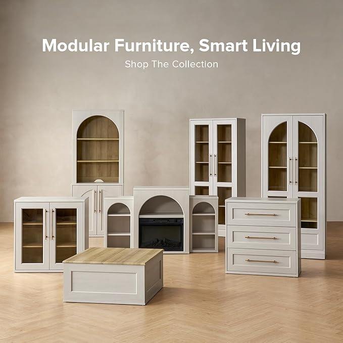 mopio Blake Storage Cabinet with Hutch, Sideboard Buffet Cabinet with Storage, Kitchen Pantry Organizer, Coffee Bar Station, Trophy Display Case with Door & Shelf for Living Room (White Oak Dresser)