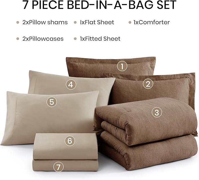 Monbix Queen Comforter Set - 7 Pieces Cationic Dyeing Brown Bed in a Bag Queen Bedding Sets with Comforter, Sheets, Pillowcases & Shams, Reversible Bedding Comforters Sets