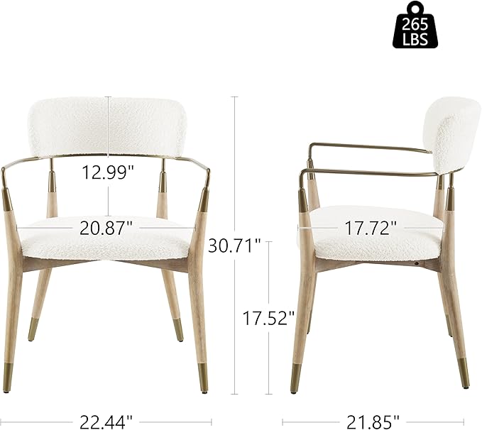 Art Leon Mid Century Modern Dining Chairs - Boucle Fabric Upholstered Dining Room Chairs with Wood Legs with Open Backrest, Set of 2, White