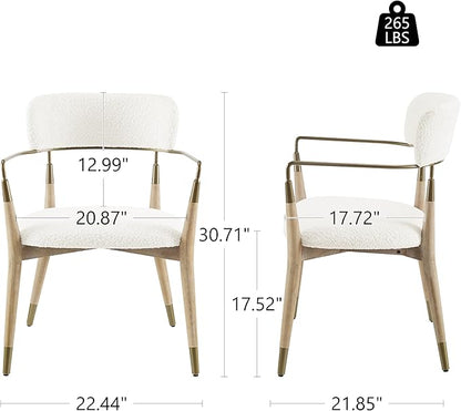 Art Leon Mid Century Modern Dining Chairs - Boucle Fabric Upholstered Dining Room Chairs with Wood Legs with Open Backrest, Set of 2, White