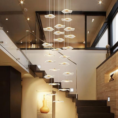 ziidoo High Ceiling Chandelier - 24-Light Dimmable Modern Gold Long Spiral Luxury Linear Lotus Leaf Led Lamp Hanging Pendant Lights for Foyer Enterway Staircase Villas