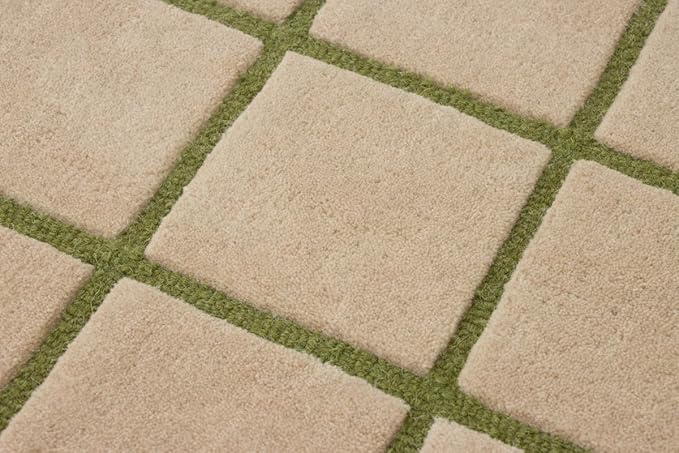 Scalloped Border Wool Area Rug with Windowpane Grid, Hand-Tufted, Beige-Blush with Sage Lines & Light Purple Edge - Soft High-Low Pile for Living Room, Bedroom, Nursery - 2.5x11 Ft (Runner)