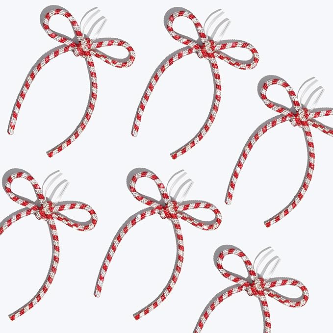 FLAIR GIFTS 6 Pcs 4.3" x 6" 2025 Christmas Bows for Tree Decor, Candy Cane Sparkly Glitter Rhinestone Bow Ornaments with Twist Tie for Xmas Decoration, Wreath, Garland, Gift Wrapping