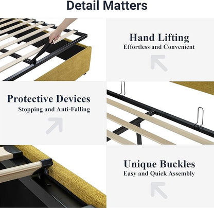 Allewie Full Size Lift Up Storage Bed, Modern Wingback Headboard, Hydraulic Support, No Box Spring Needed, Olive Yellow