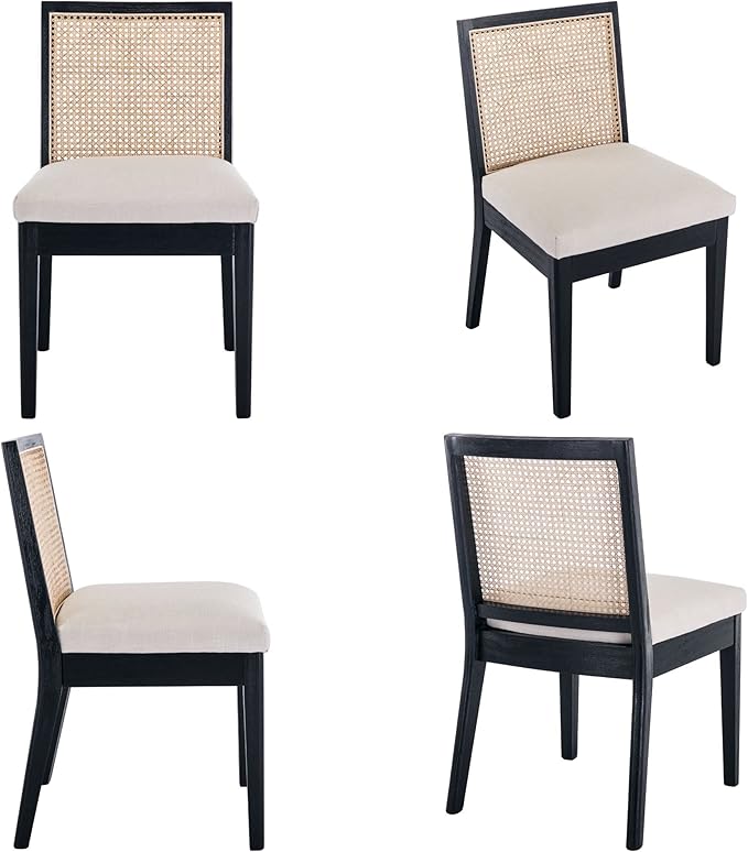 Farmhouse Rattan Dining Chairs Set of 6 Black Wood Dining Room Chairs Rectangle Cane Country Kitchen Chairs Upholstered Wood Dining Chair for Dining Room, Cream Linen