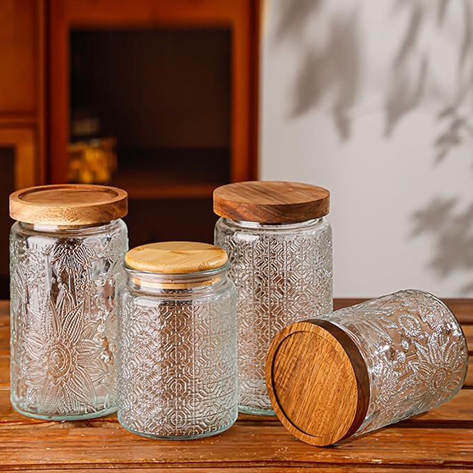 Vintage Glass Jars with Wooden Lids, 2 Pack 34 oz Airtight Glass Food Storage Containers Sets for the Kitchen, Sugar Coffee Candy Spice Cookie Tea Pasta