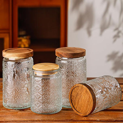 Vintage Glass Jars with Wooden Lids, 2 Pack 34 oz Airtight Glass Food Storage Containers Sets for the Kitchen, Sugar Coffee Candy Spice Cookie Tea Pasta