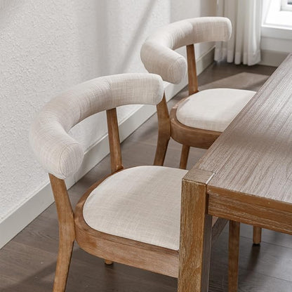 Wood Dining Chairs Set of 4, Mid Century Modern Living Room Chairs with Unique Curved Open Back Comfy Linen Upholstered Side Chair for Kitchen/Restaurant/Reception, Beige